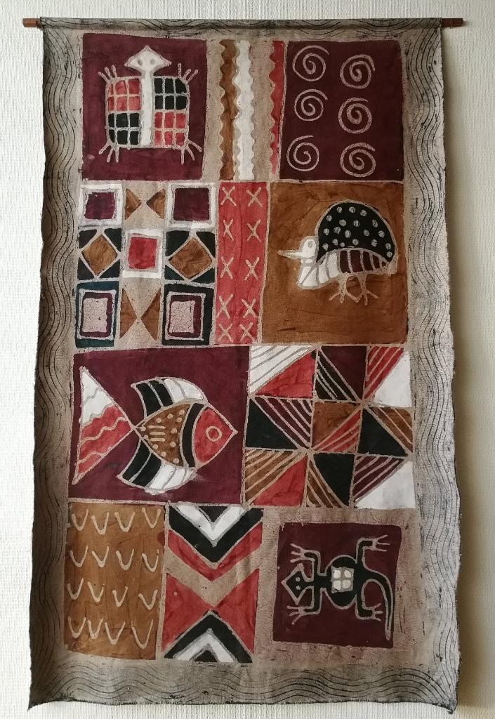Sadza Batik etnisch tapijt uit Zimbabwe 146 x 90 op stok, Antiek en Kunst, Kunst | Niet-Westerse kunst, Ophalen
