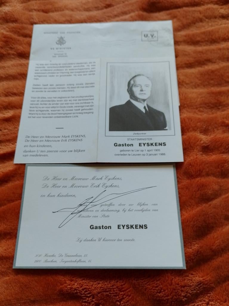 Gaston Eyskens, Verzamelen, Bidprentjes en Rouwkaarten, Ophalen of Verzenden