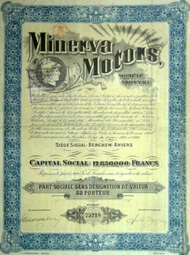 partage: Minerva Motors, Enlèvement ou Envoi, Avant 1920, Action