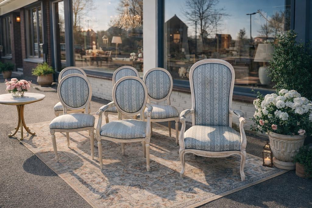 Set klassieke Louis XVI-stoelen met bergère-fauteuil, Ophalen
