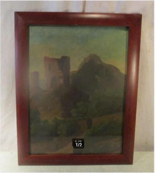 Belle œuvre peinte ancienne 'Ruine sur la montagne' - 46x36, Enlèvement ou Envoi