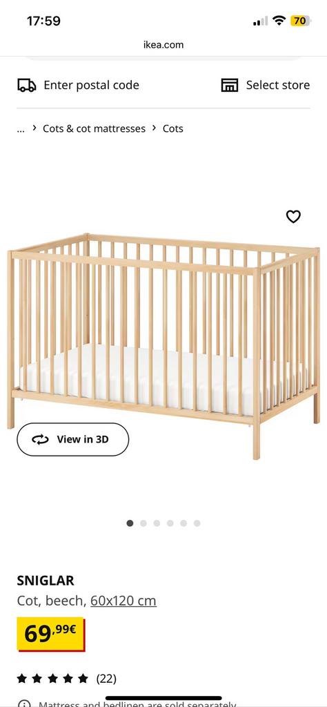 Lit bebe ikea bois avec matelas, Matelas, 70 à 85 cm, Enlèvement, Utilisé