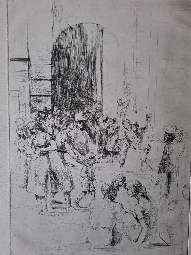Grote ets van Jules Van Ael Mensen voor een toegangspoort, Antiek en Kunst, Kunst | Etsen en Gravures, Ophalen of Verzenden