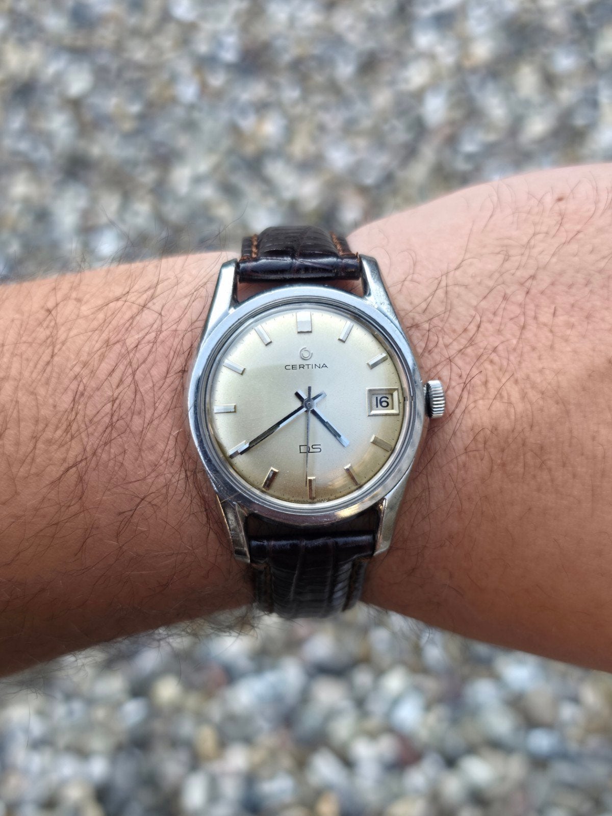 Certina DS handopwinder - Horloge Recent geserviced, Leer, Staal, Polshorloge, Ophalen of Verzenden
