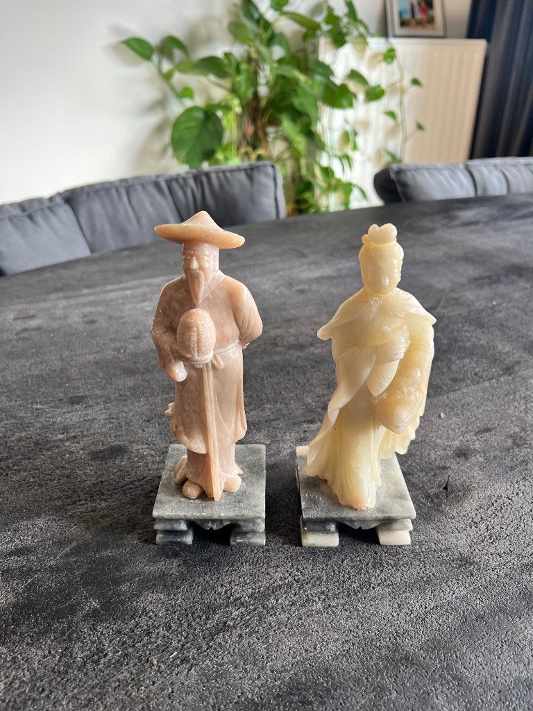 Vintage Chinees speksteen paar: visser & vrouw met vis, Collections, Statues & Figurines, Enlèvement