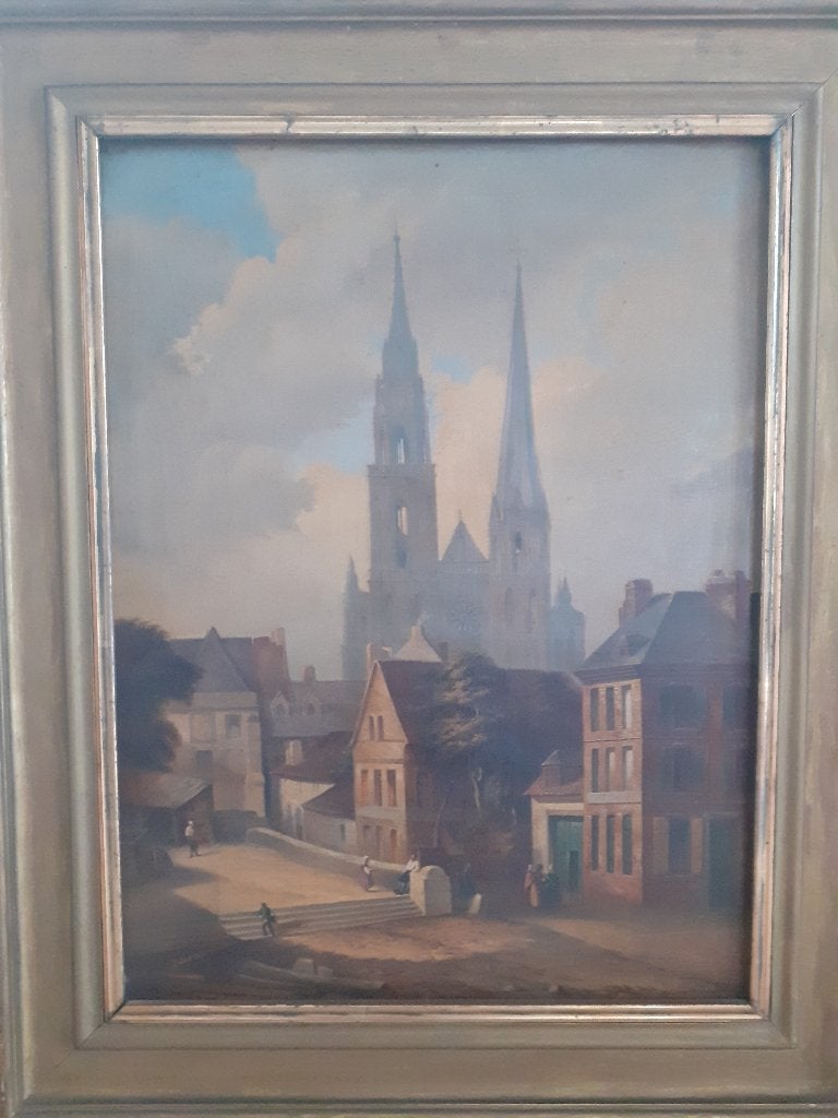 Huile sur toile de la cathédrale de Chartres, Antiquités & Art, Peinture à l'huile, Enlèvement, Paysage urbain / rural, Toile