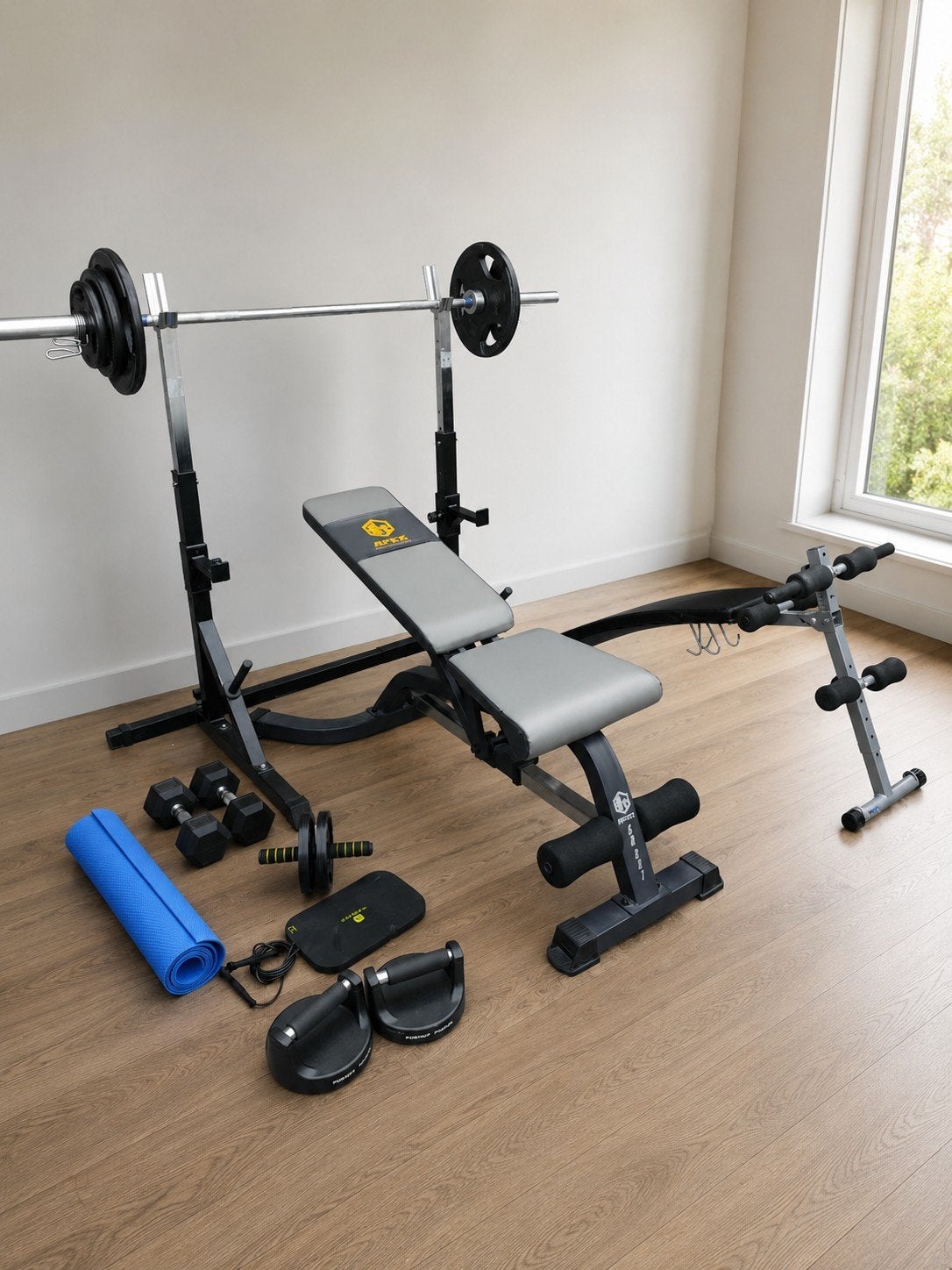Complete Fitness Set: Halterbank, Squat Rack, Gewichten, Sport en Fitness, Ophalen, Zo goed als nieuw