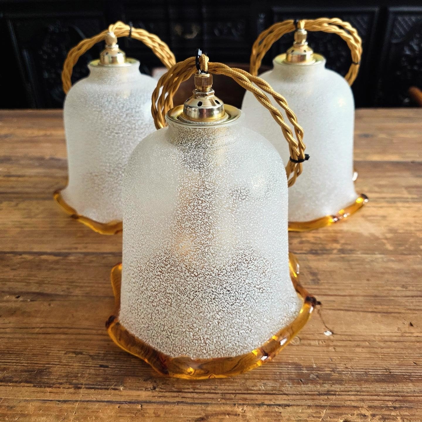 Vintage mondgeblazen tulpvormige glazen hanglampen. 3 stuks!, Ophalen of Verzenden