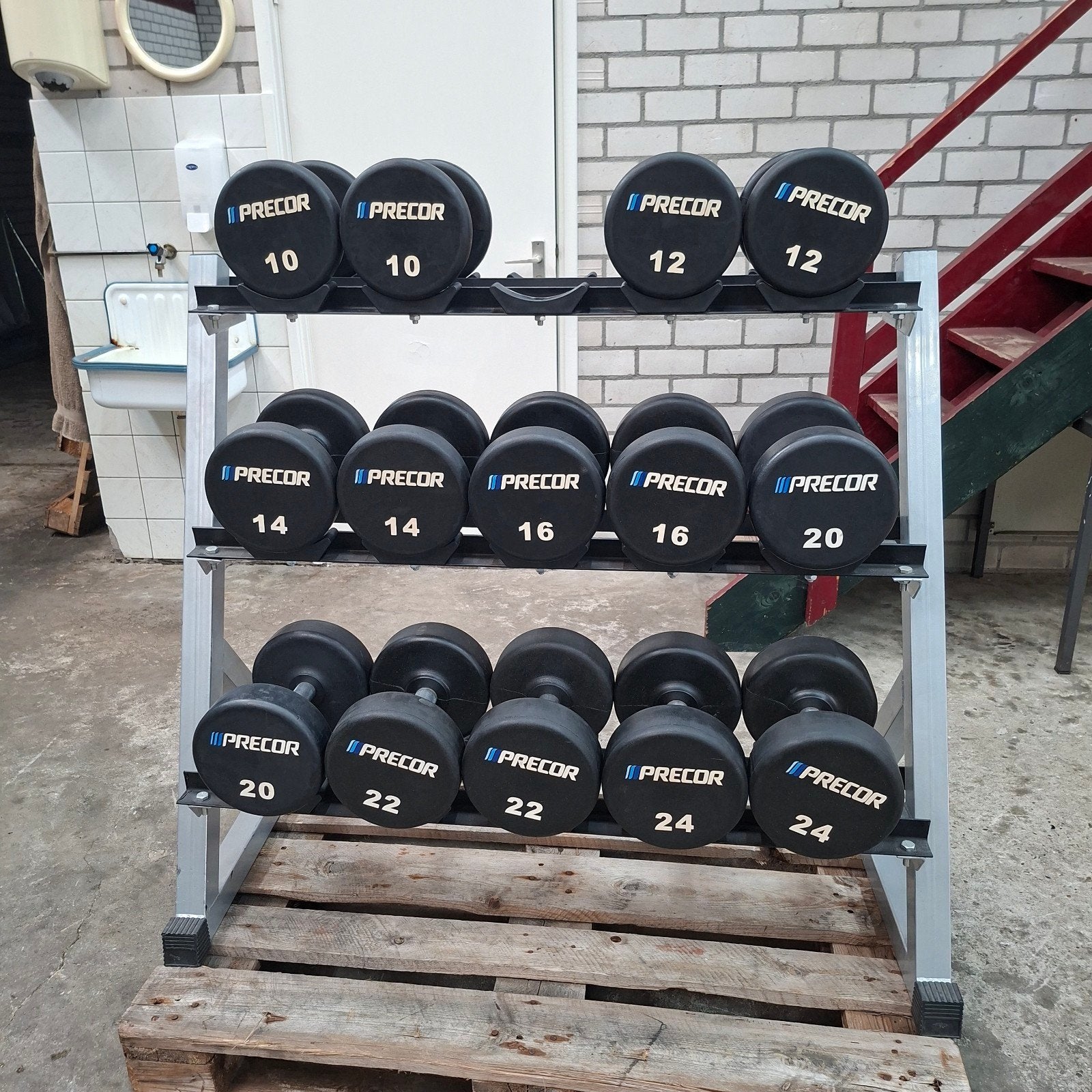 Precor Pu Dumbells Set 10 kilo tot 24 kilo + Dumbellrek, Sport en Fitness, Ophalen