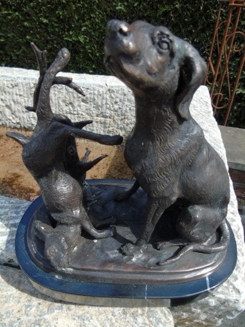 chien de chasse et son gibier en bronze, Antiquités & Art, Enlèvement ou Envoi, Bronze