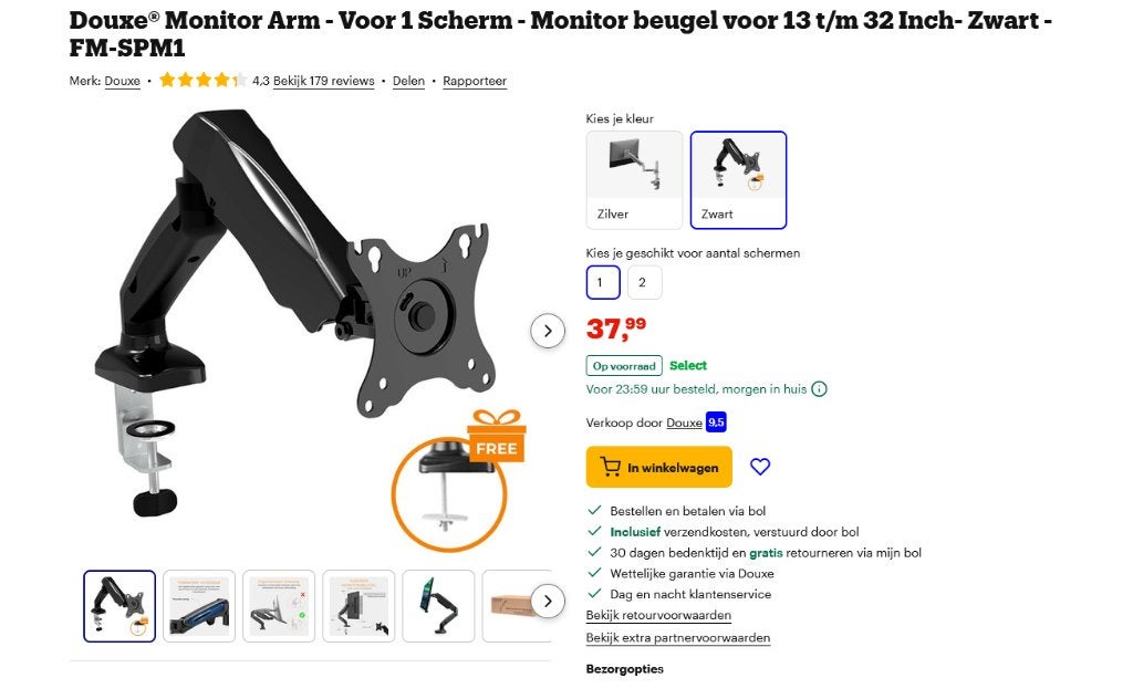 Monitor arm 17 - 32 inch, Computers en Software, Monitoren, Zo goed als nieuw, Ophalen