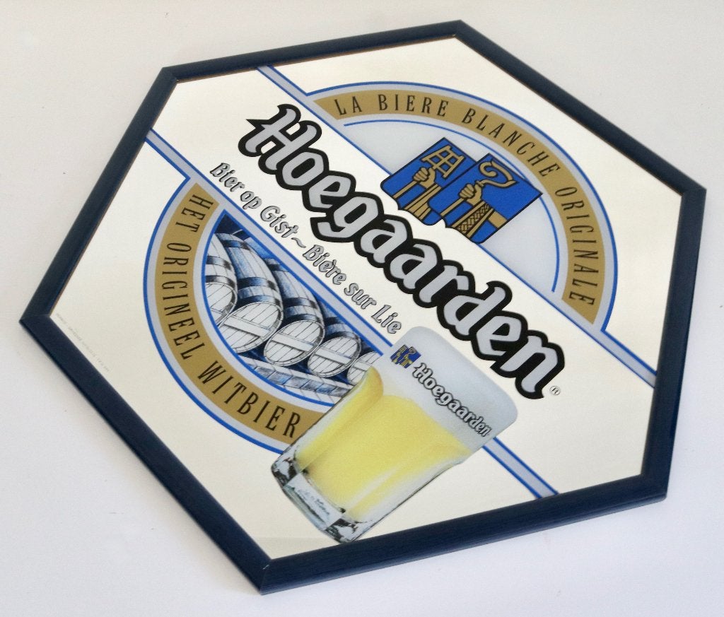 Zeshoekige Hoegaarden reclamespiegel - Vintage Bier reclame, Enlèvement ou Envoi, Comme neuf, Panneau, Plaque ou Plaquette publicitaire