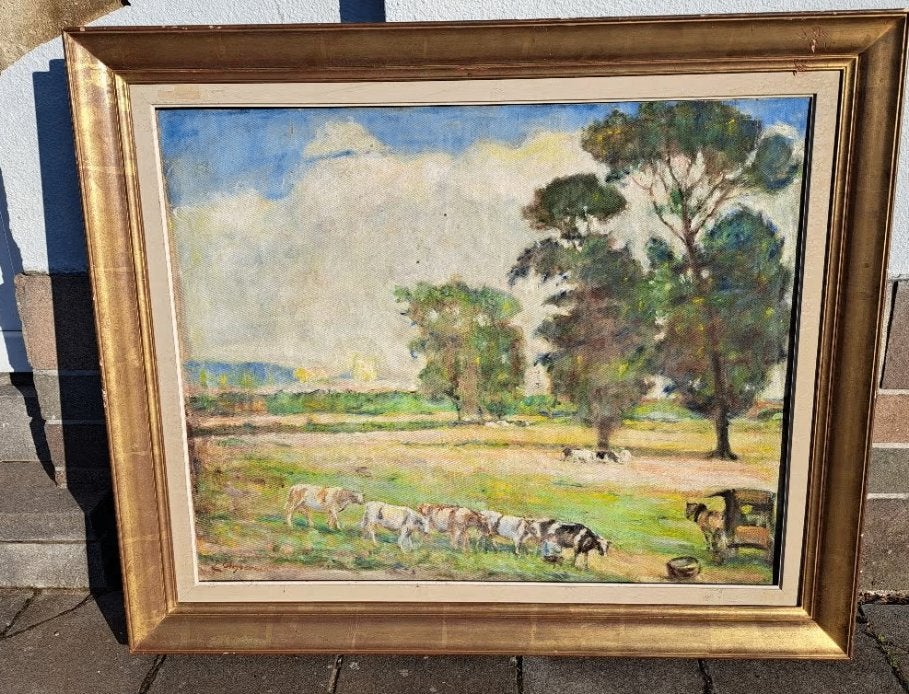 huile sur toile vaches dans les pres signe emile thysebaert, Enlèvement, Toile