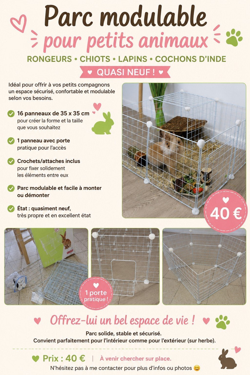 parc modulable idéal pour lapin, cochon d’Inde, hamster, pet, Animaux & Accessoires, Enlèvement