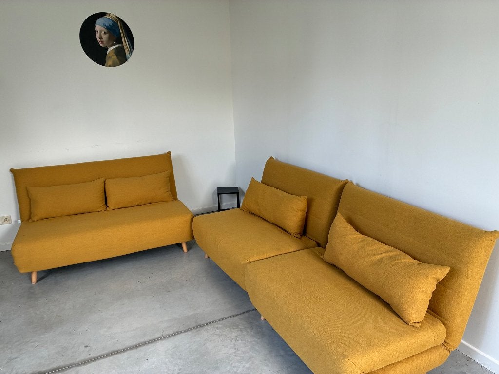 Mosterdgele zit-slaapbank in prima staat, Ophalen, Zo goed als nieuw, Stof