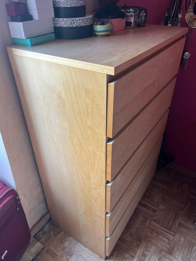 Commode 6 tiroirs en bois clair (bouleau), Enlèvement, Utilisé, Scandinave, type MALM