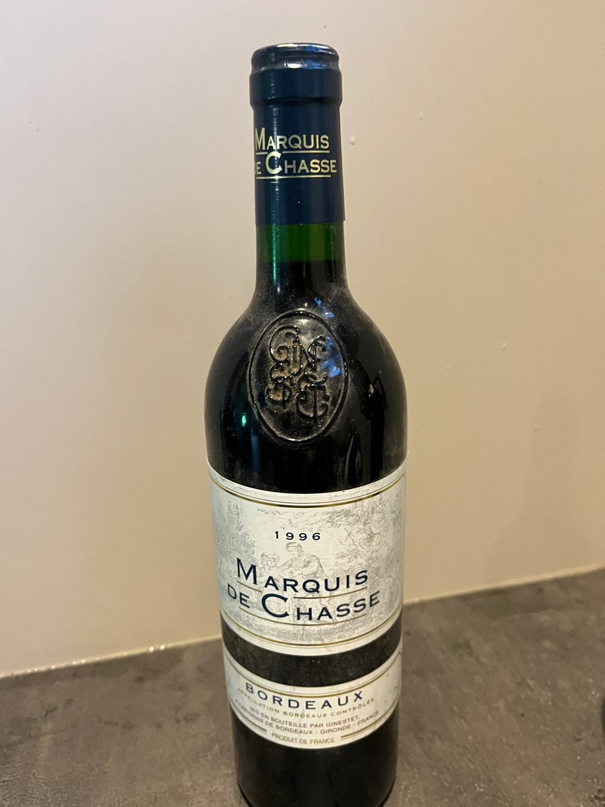 Fles wijn marquis de chasse, Gebruikt, Frankrijk, Ophalen of Verzenden, Rode wijn