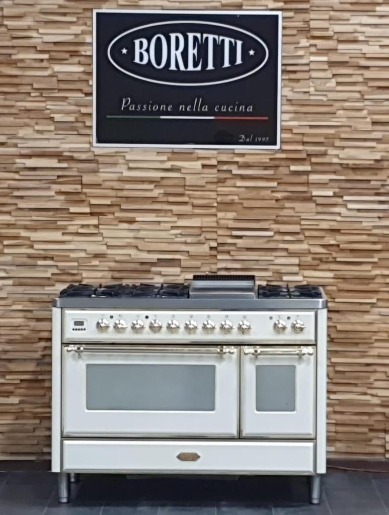 Luxe Boretti Majestic Fornuis 121cm crème + messing frytop, Electroménager, Cuisinières, Gaz, Classe énergétique A ou plus économe