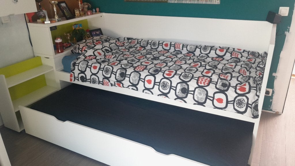 Bed wit 1persoon met schuifbed en hoofding, Maison & Meubles, Chambre à coucher | Lits, 90 cm, Une personne, Enlèvement, Utilisé