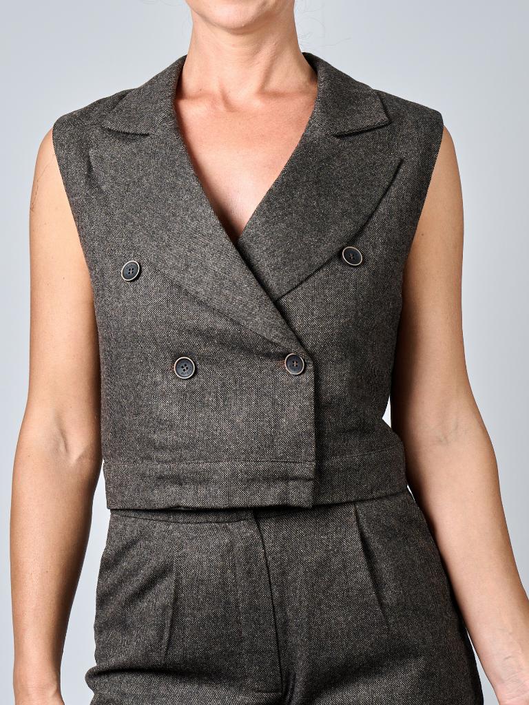 Wol Tweed Pak Set Bruin-Grijs Blazer Vest Rok Shorts M nieuw, Maat 38/40 (M), Kostuum of Pak, Bruin, Verzenden