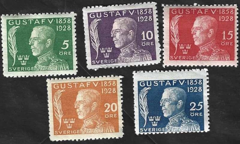 5 Postzegels Zweden 1928 Koning Gustav V, Timbres & Monnaies, Timbres | Europe | Scandinavie, Enlèvement ou Envoi, Suède, Non oblitéré