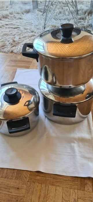 7 inox kookpotten en pannen Demeyere en Sus-Inox Tafelglanz, Ophalen, Inox, Gebruikt, Met deksel
