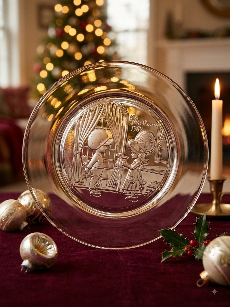 Vintage kerstplaat uit 1980 van geperst glas - Holly Style, Ophalen of Verzenden
