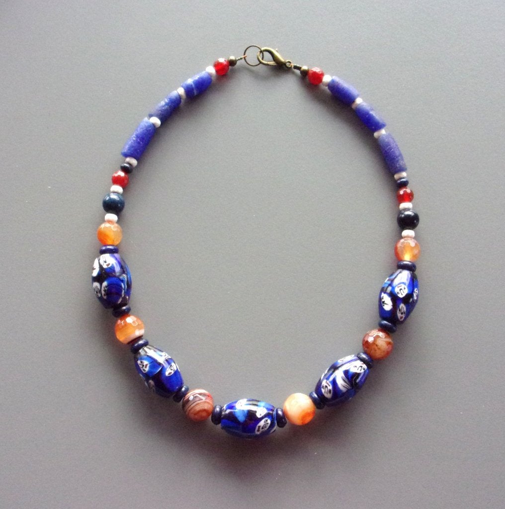 Oude Venetiaanse blauwe millefiori ruilkralenketting, Blauw, Nieuw, Ophalen of Verzenden, Steen of Mineraal