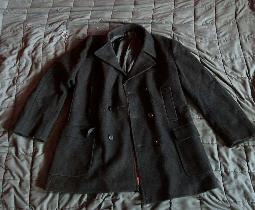 Vintage erwtenjas gemaakt in Joegoslavië, Kleding | Heren, Jassen | Winter, Maat 52/54 (L), Zwart, Ophalen of Verzenden, Gedragen