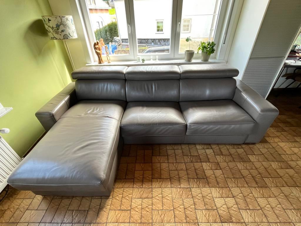 Taupekleurige, bruingrijze leren slaapbank met opbergruimte, Ophalen, Gebruikt, Tweepersoons, Grijs