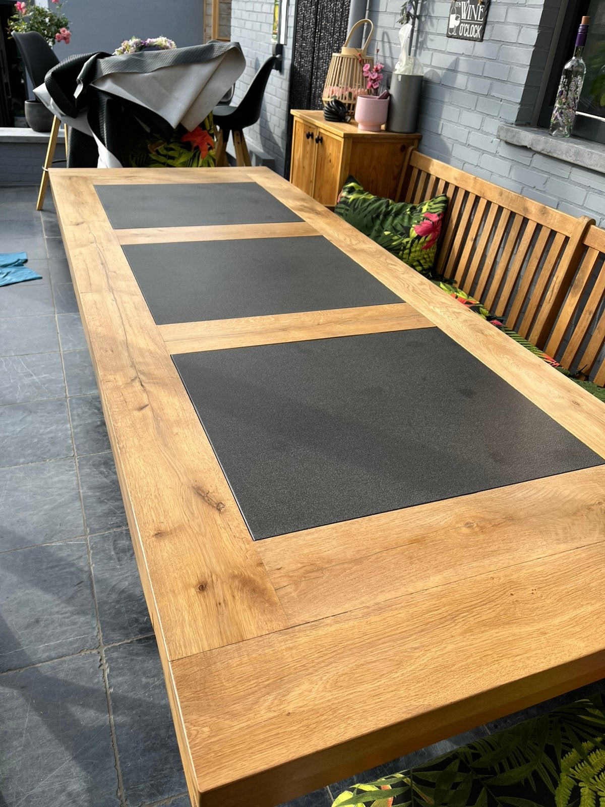 Tafel massief eik met geborsteld graniet, Ophalen, Eikenhout, 200 cm of meer, 50 tot 100 cm