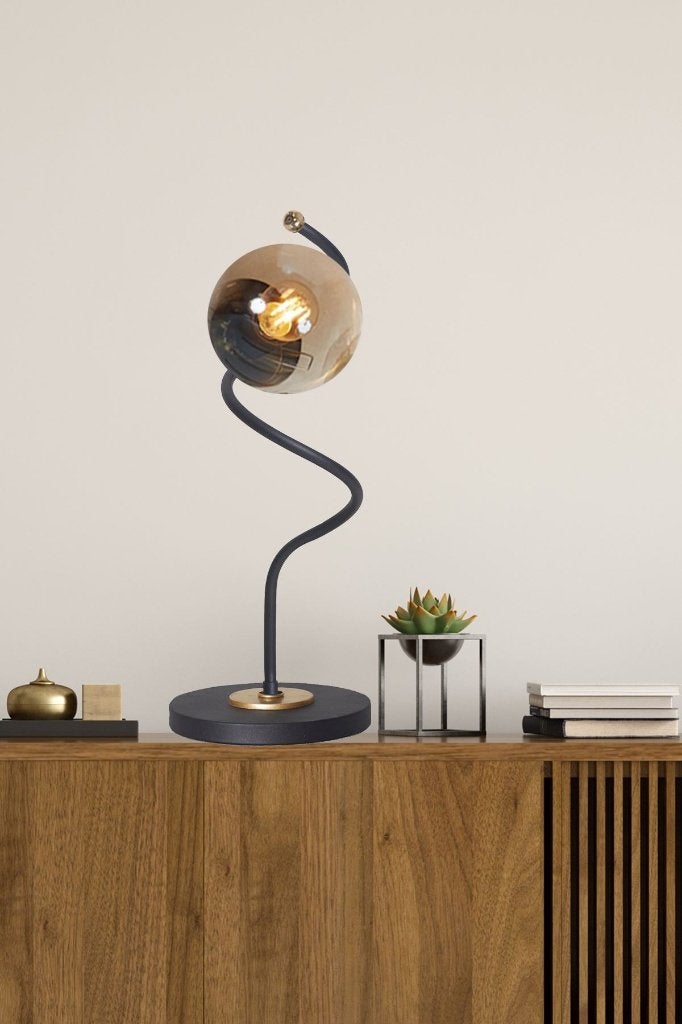 glazen tafellamp, zwarte metalen voet, goudkleurig glas, 50 cm, Goud, Nieuw, Ophalen of Verzenden
