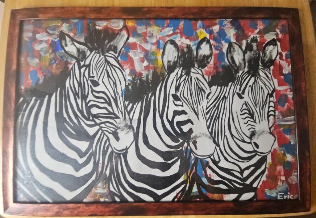 Handgeschilderd schilderij 3 Zebra's Kaapstad ingekaderd, Antiek en Kunst, Kunst | Schilderijen | Modern, Ophalen of Verzenden