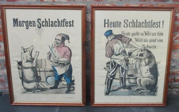 deux cadres anciens, boucher, cochon et boucher, Antiquités & Art, Curiosités & Brocante, Enlèvement