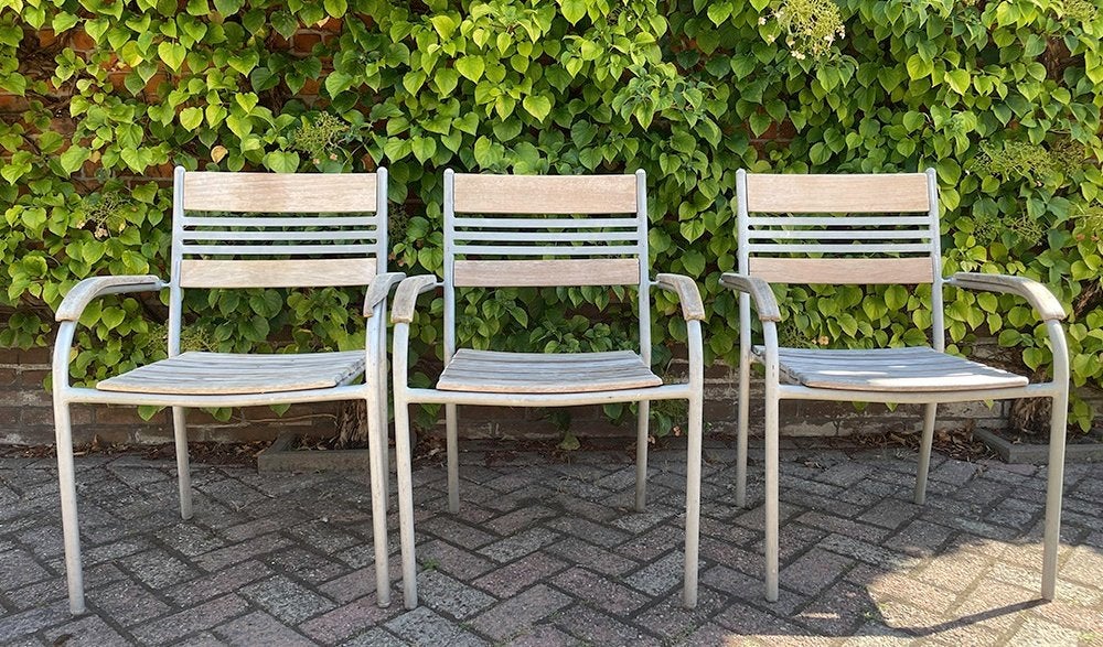 Te koop drie tuinstoelen., Ophalen, Gebruikt, Hout, Stapelbaar