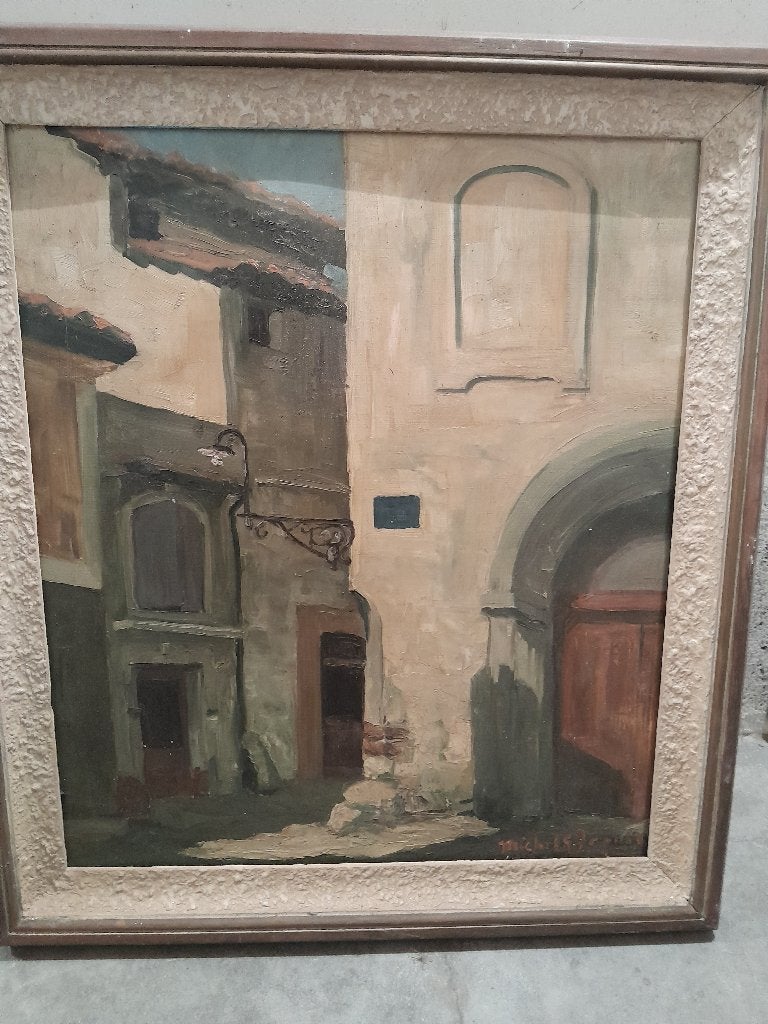 Olieverf op doek - mediterrane straat/scène, Antiquités & Art, Art | Peinture | Classique, Enlèvement ou Envoi, Peinture à l'huile