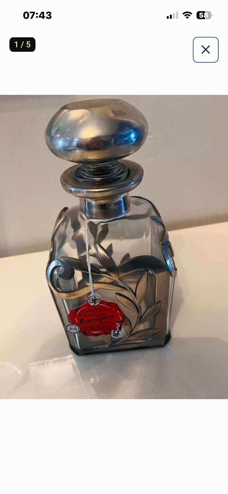 Carafe carré cristal floral en étain les potstainiers hutois, Enlèvement ou Envoi