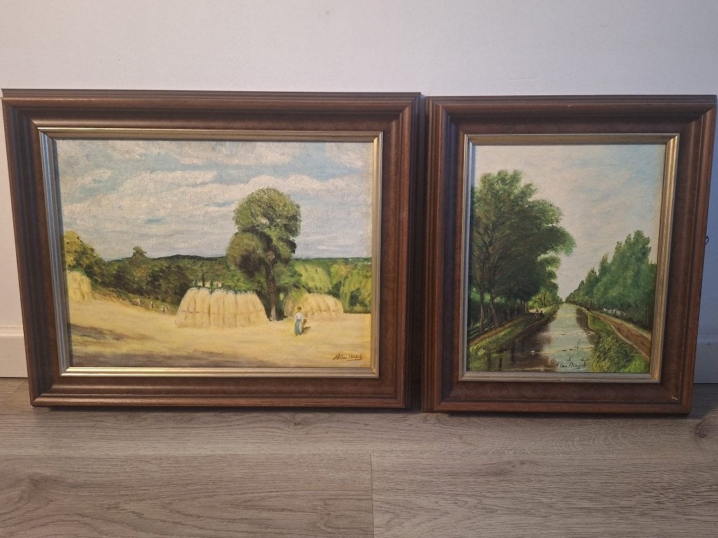 Set van 2 Schilderijen: Landschap en Kanaal door Aten Mapel, Antiek en Kunst, Kunst | Schilderijen | Klassiek, Ophalen of Verzenden