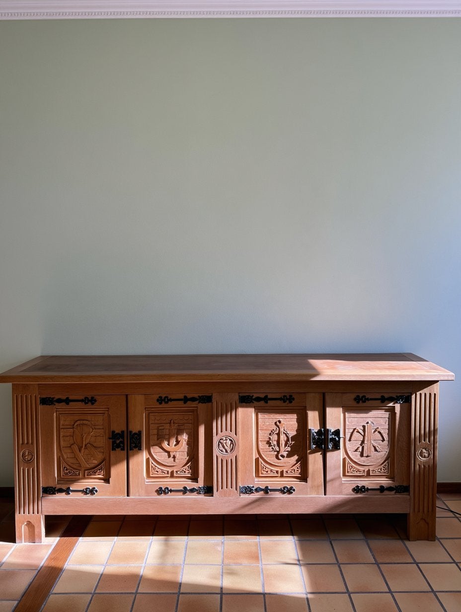 Bahut en chêne massif sculpté main – 4 portes, Avec porte(s), 200 cm ou plus, Enlèvement, Utilisé