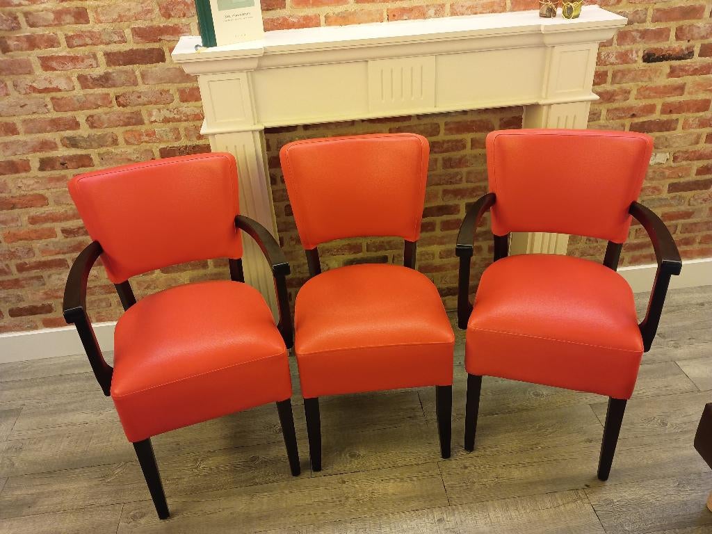 Drie rode lederen stoelen, Huis en Inrichting, Ophalen, Gebruikt, Overige kleuren, Drie