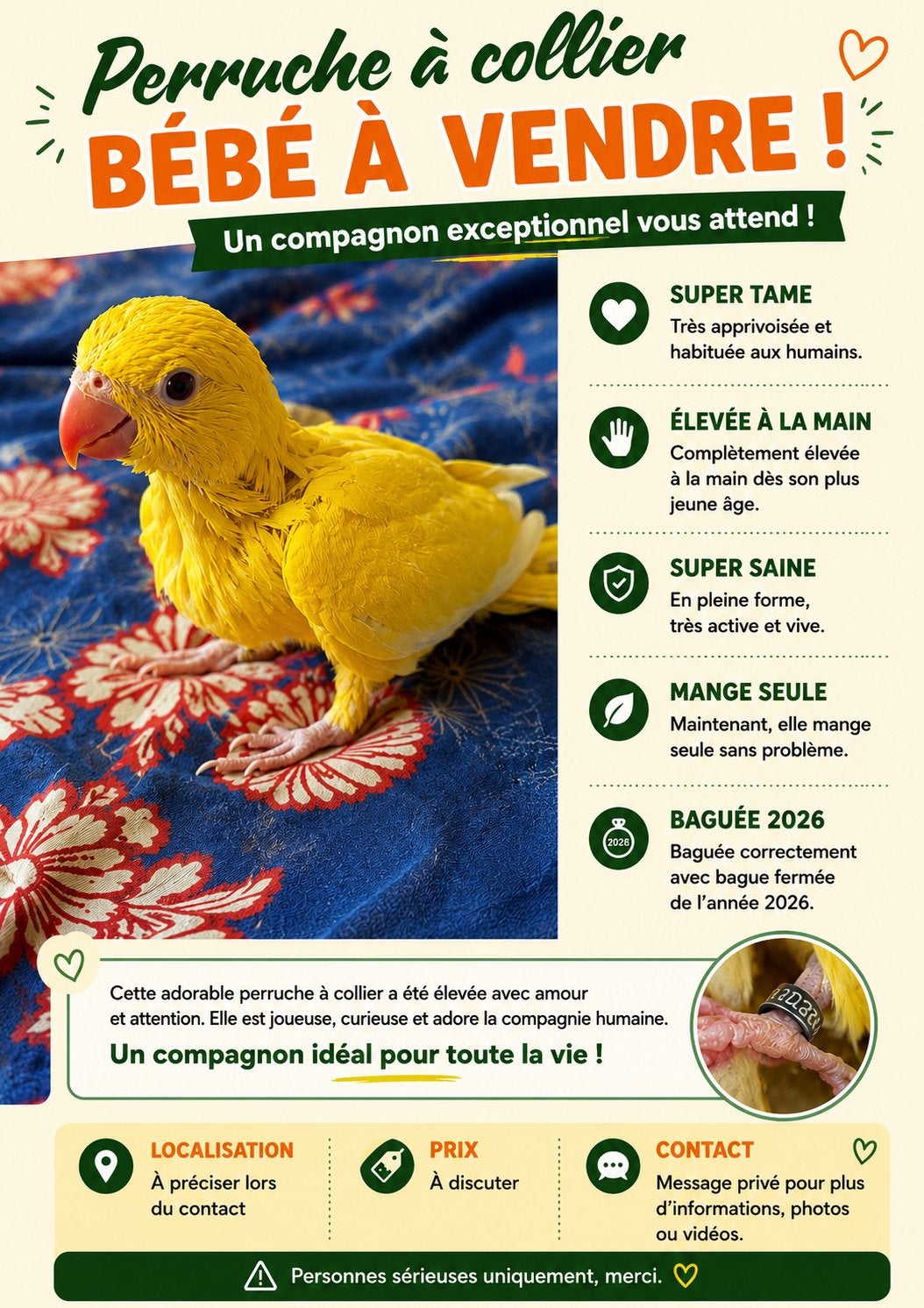 Super apprivoisée Bébé Perruche à Collier à vendre, Animaux & Accessoires, Perruche, Bagué