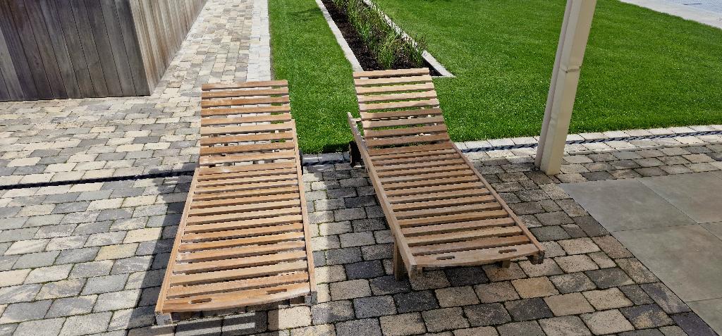 2 Teak ligzetels, Tuin en Terras, Ligbedden, Ophalen, Gebruikt, Hout, Verstelbaar