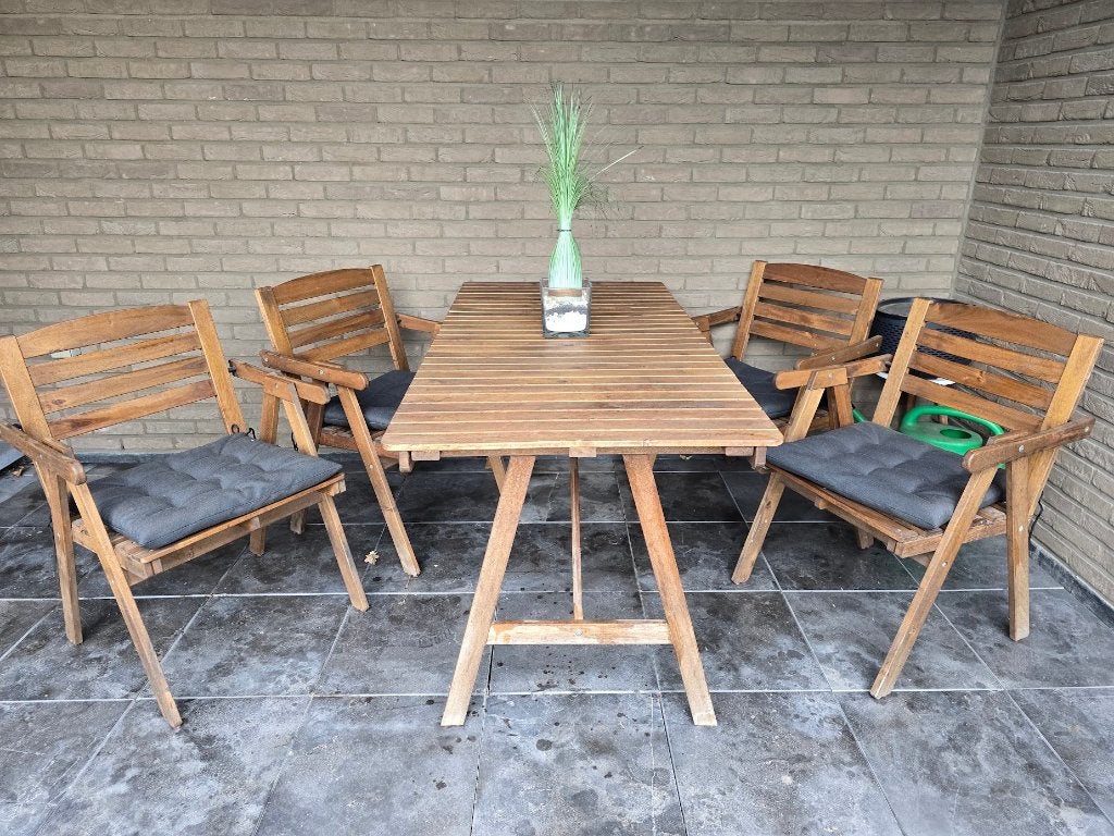 Prachtige buitenset tafel & 4 stoelen (armleuningen/kussens), Ophalen, 4 zitplaatsen, Bijzettafel, Zo goed als nieuw