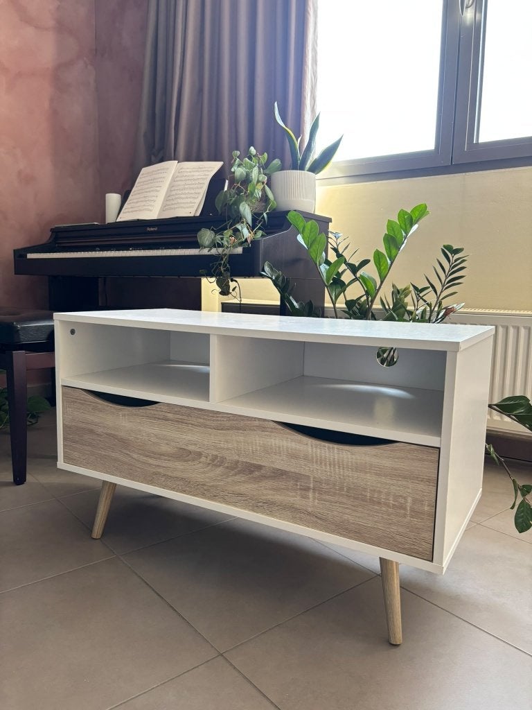 Wit TV-meubel / TV-kast – Scandinavische stijl – houtlook, Ophalen, Gebruikt, Scandinavische stijl – houtlook, 50 tot 100 cm
