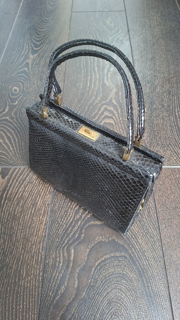 Sac à main vintage en peau de serpent/python noir, Enlèvement ou Envoi, Utilisé, Noir, Sac à main