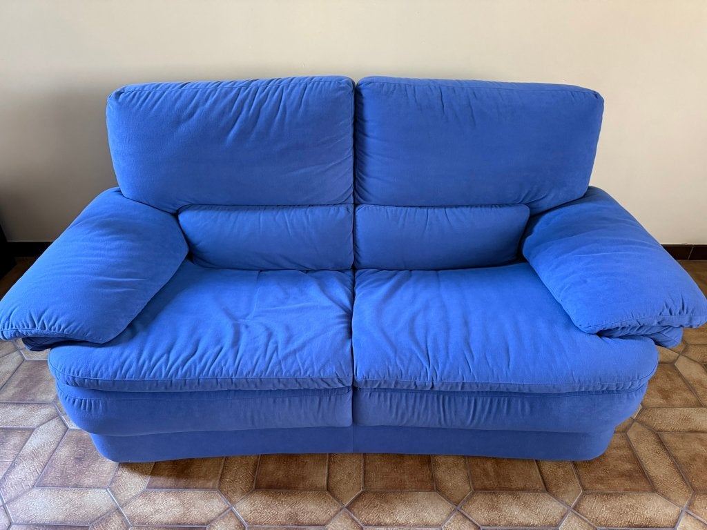 Nette blauwe stoffen 2-zits zetel – In goede staat!, Ophalen, 100 tot 125 cm, 150 tot 200 cm, Tweepersoons