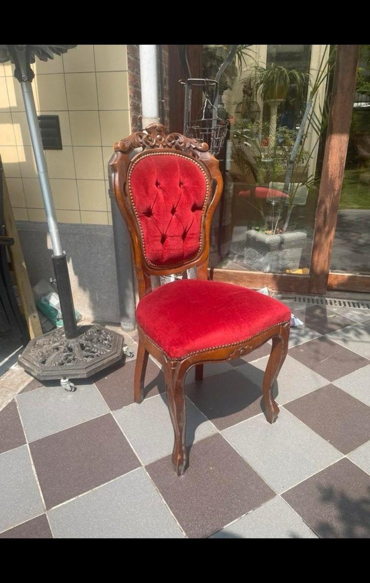 7 barok eetkamerstoelen – rood fluweel & hout, Ophalen