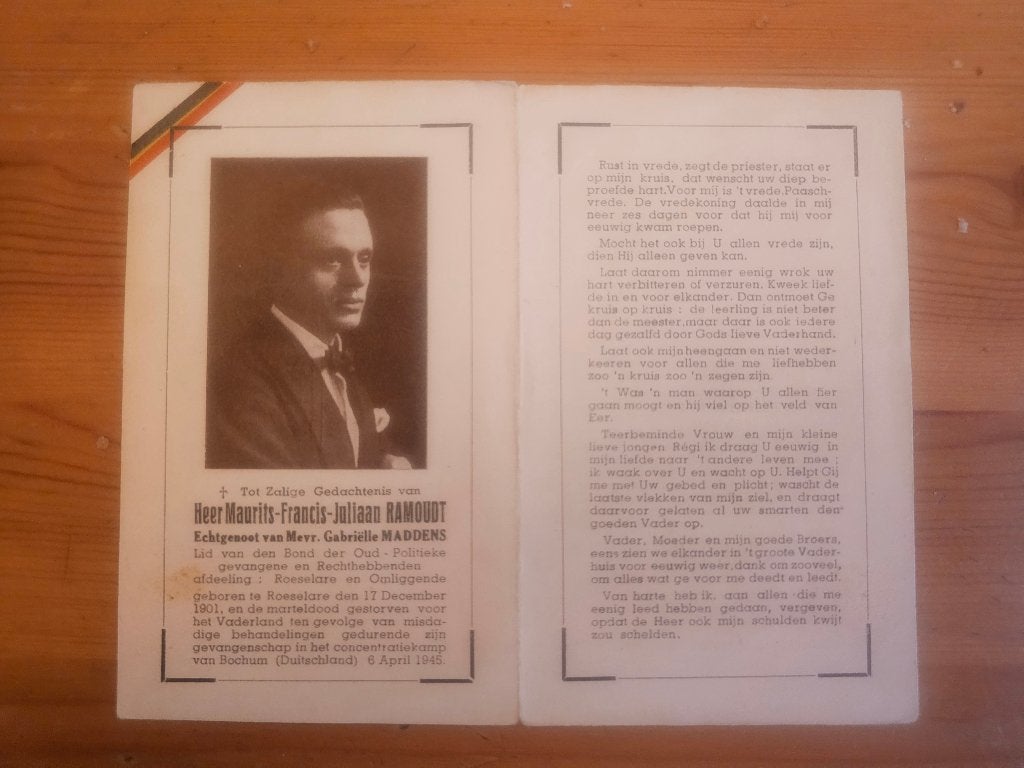Maurits Ramoudt, concentratiekamp Bochum 6 april 1945, Verzamelen, Bidprentjes en Rouwkaarten, Verzenden, Bidprentje