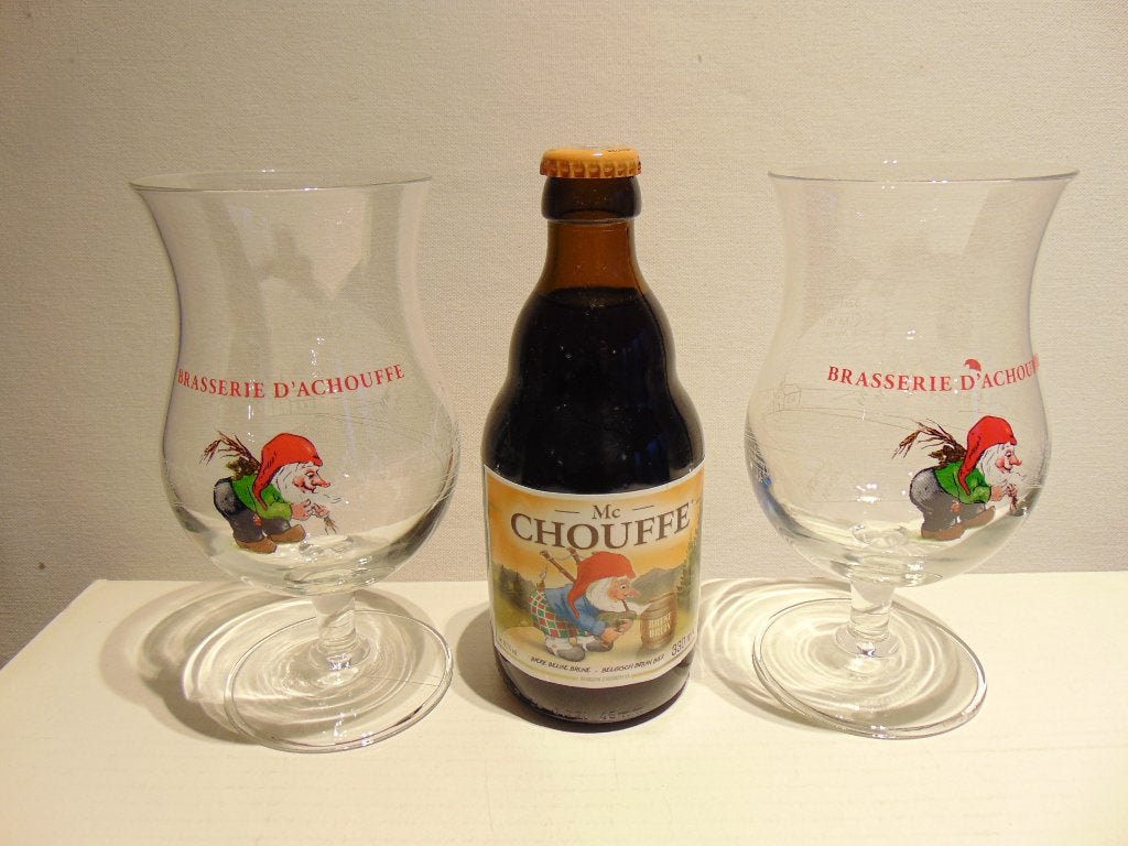 2 Chouffe glazen met een flesje Chouffe, Ophalen of Verzenden, Zo goed als nieuw, Glas of Glazen, Overige merken