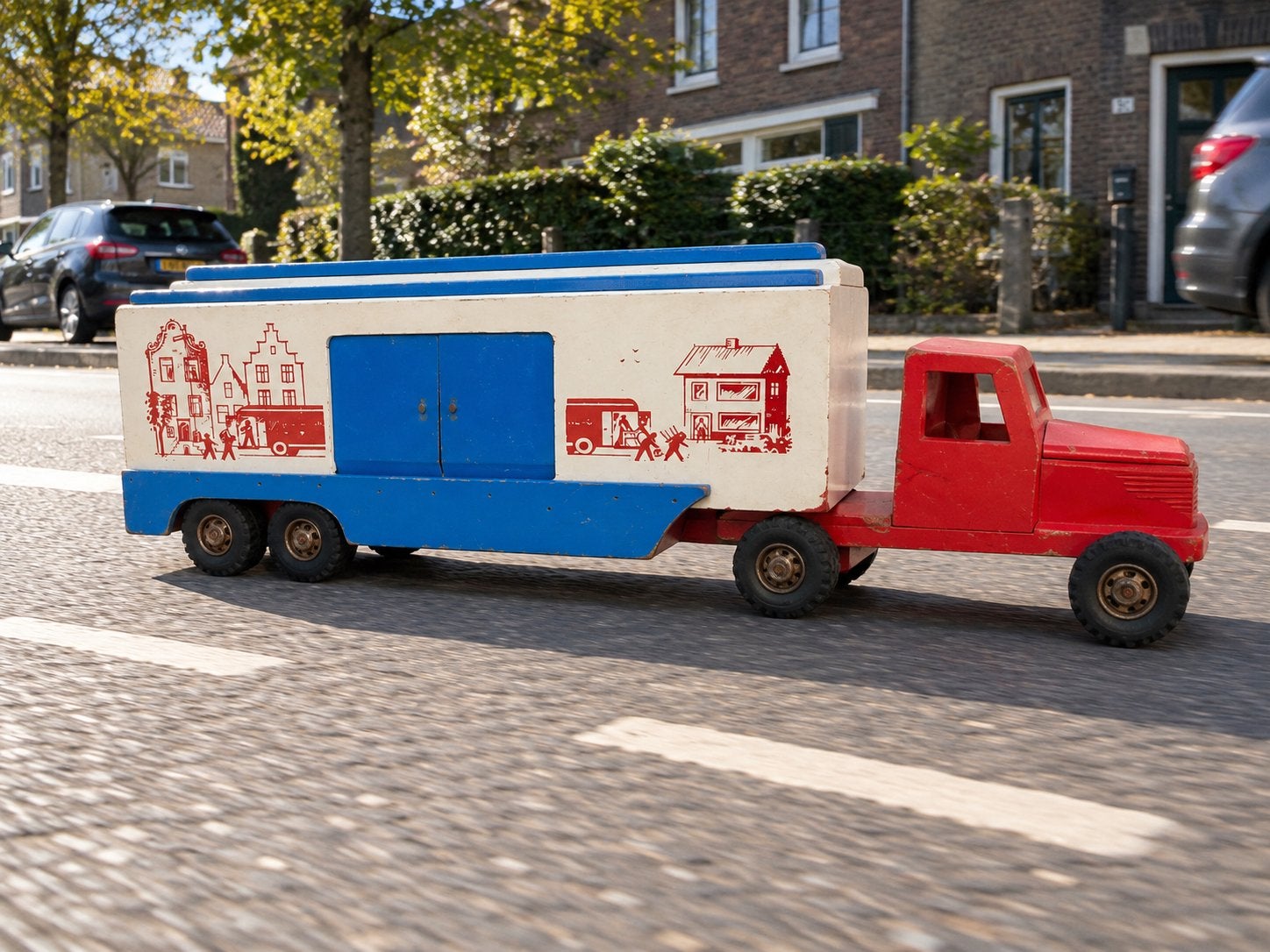 Okwa vintage houten speelgoed truck verhuiswagen 75 cm, Ophalen of Verzenden